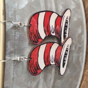 Red and White Striped Hat Earrings. Wooden